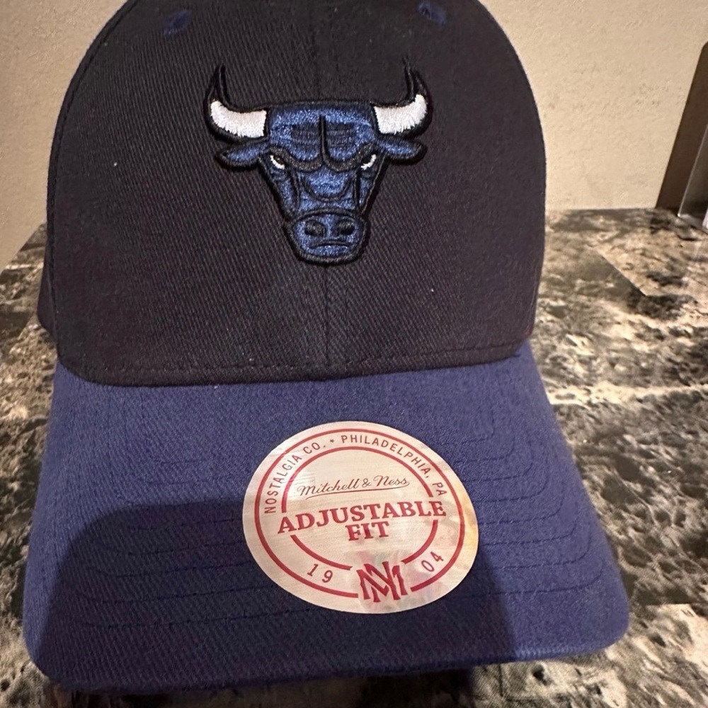 Mitchell & Ness Black and Blue Bull Logo Hat